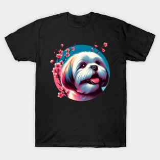 Lhasa Apso Revels in Spring's Cherry Blossoms and Flowers T-Shirt